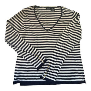 Nicole Miller Women's V-Neck Striped Navy, White & Gold Sweater Size Large